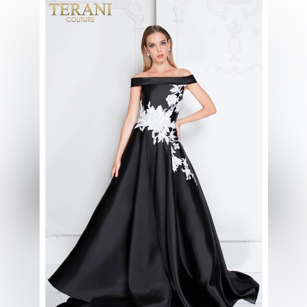Terani Couture Black and White Floral Gown